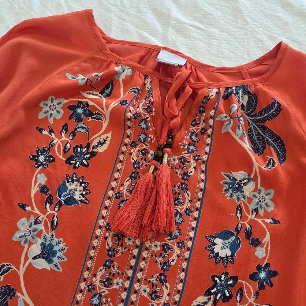 Chico's Size 0 (US 4/6) Coral Orange Floral Tassel Boho Modal Tunic Blouse